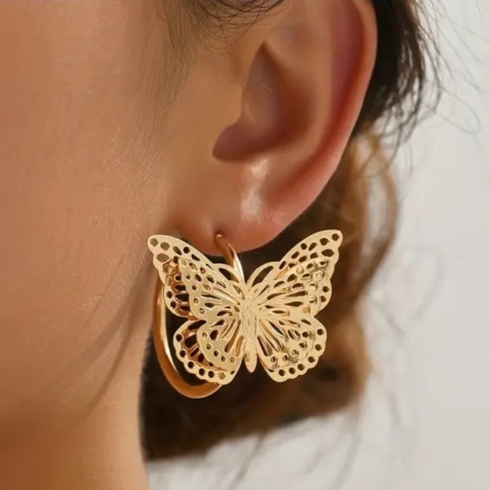 NWT Golden Butterfly Hoop Earrings
